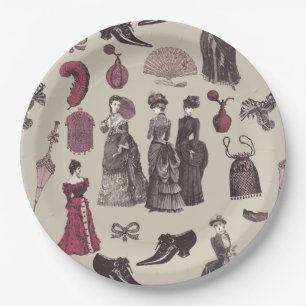 victorian era fashion women toile beige paper plates