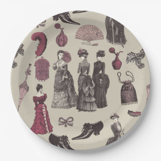 victorian era fashion women toile beige paper plates