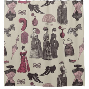 victorian era fashion women toile beige shower curtain