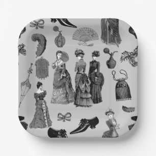 victorian era fashion women toile black white paper plates