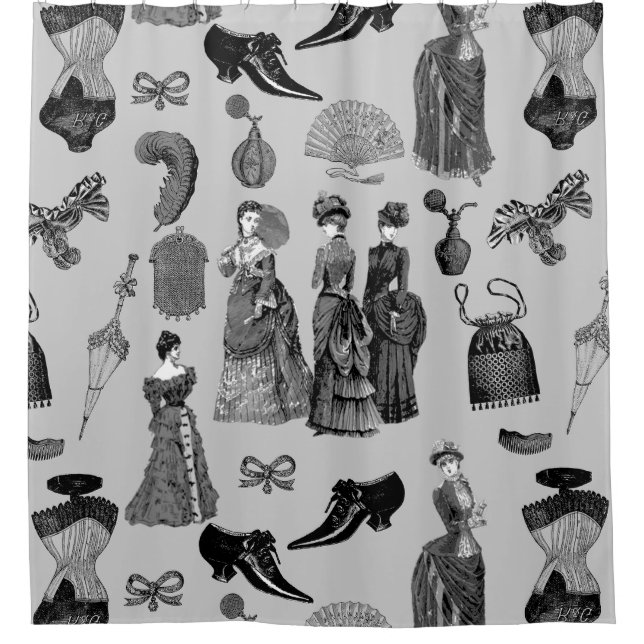 victorian era fashion women toile black white shower curtain (Front)