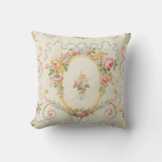 Victorian Era Floral Medallion & Blue Ribbon Throw Pillow (Front)
