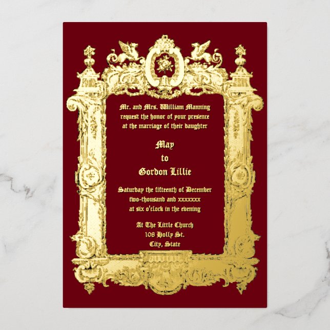 Victorian Era Griffin Rocaille Frame Wedding Foil Invitation (Front)