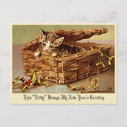 Victorian Era Kitten with Holly New Years Postcard