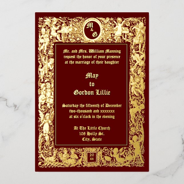 Victorian Era Neo Renaissance Cherubs Wedding Foil Invitation (Front)