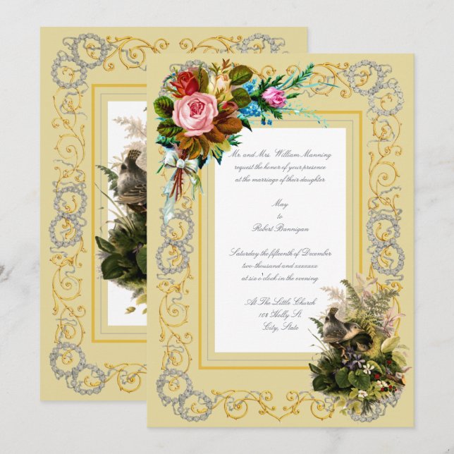 Victorian Era Nesting Birds & Bouquets Wedding Invitation (Front/Back)