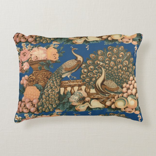 Victorian Era Peacocks, Fruit & Flowers Pattern Accent Pillow (Front)