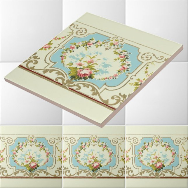 Victorian Era Rose Clusters & Scrolls Border Ceramic Tile (Creator Uploaded)