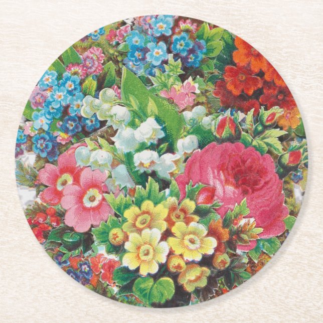 Victorian Era Valentine's Card, Floral Bouquet Round Paper Coaster (Front)