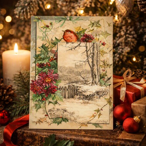 Victorian Era Winter Scene Bird Flowers Christmas Holiday Card