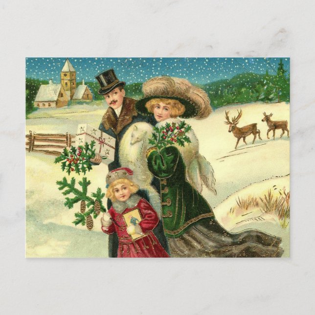 Victorian family in the snow Christmas scene Postcard (Front)