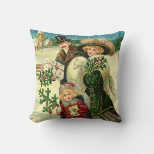 Victorian family in the snow Christmas scene Throw Pillow