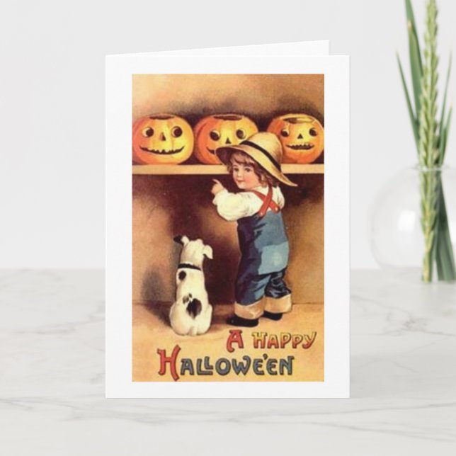 Victorian Farmer Boy And Dog Halloween Card (Front)