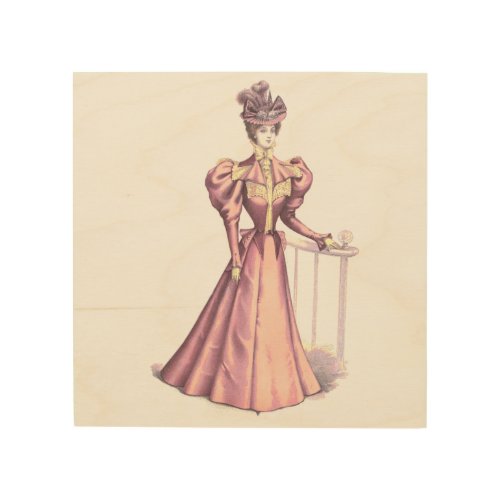 Victorian Fashion Lady in Pink Dress Wood Wall Art