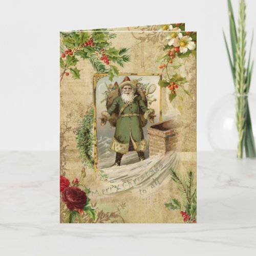 Victorian Father Christmas Floral Ephemera  Holiday Card