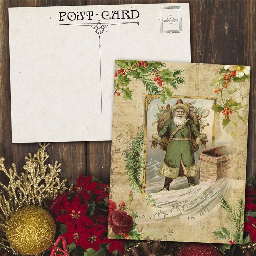 Victorian Father Christmas Floral Ephemera  Holiday Postcard
