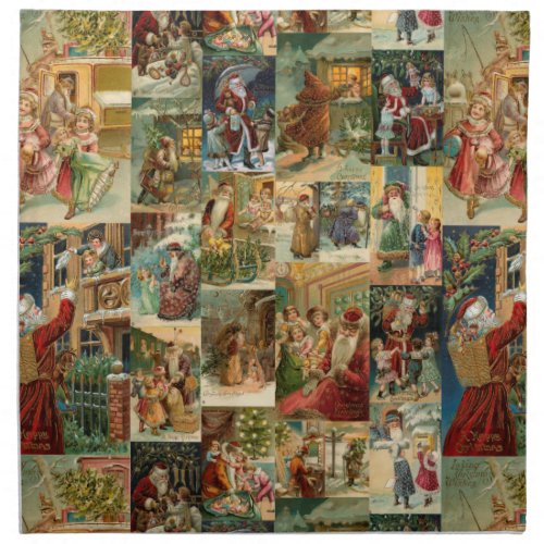 Victorian Father Christmas with Children Collage Cloth Napkin