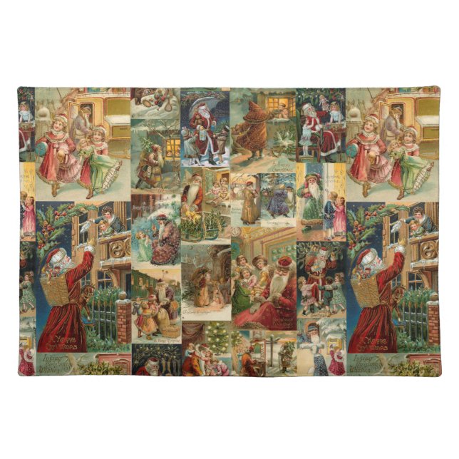 Victorian Father Christmas with Children Collage Cloth Placemat (Front)