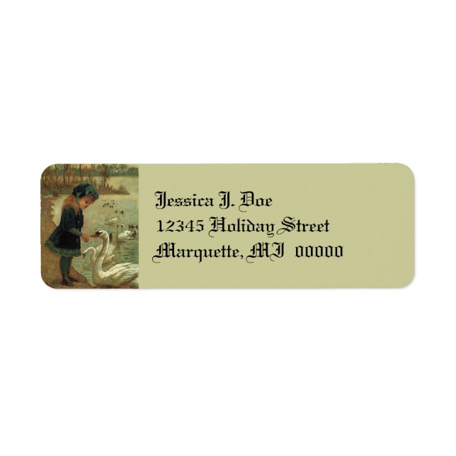 Victorian feeding Swans Girl Return address Label (Front)