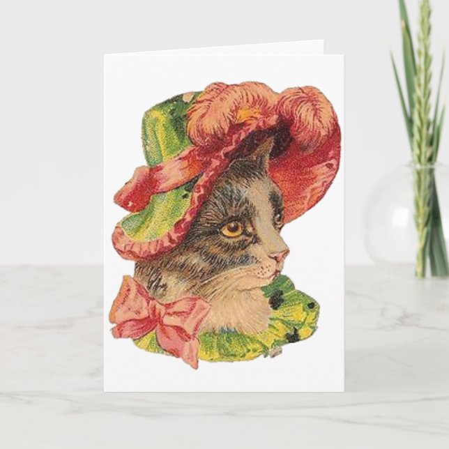 Victorian Female Cat In Fancy Bonnet Note Card (Front)