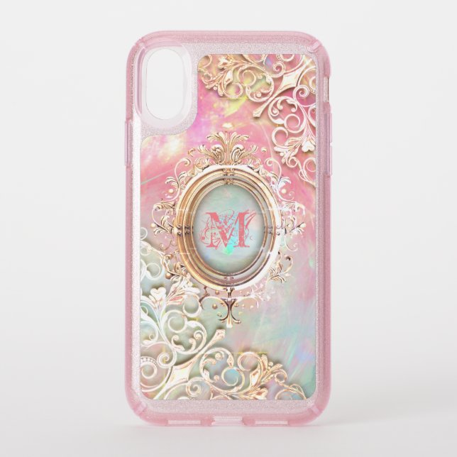 Victorian filigree opal pink gold teal white pearl speck iPhone XR case (Front)