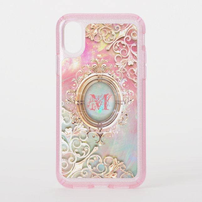 Victorian filigree opale gemstone pink gold blue speck iPhone XS case (Front)