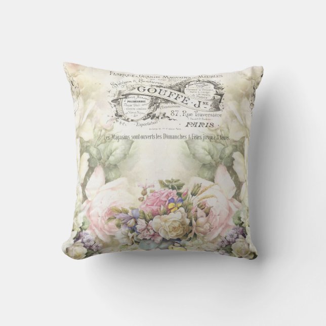 Victorian Floral and Advertising Ephemera Throw Pillow (Front)