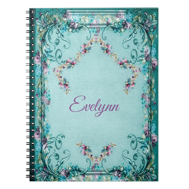 Victorian floral and scroll elegant teal purple  notebook (Front)