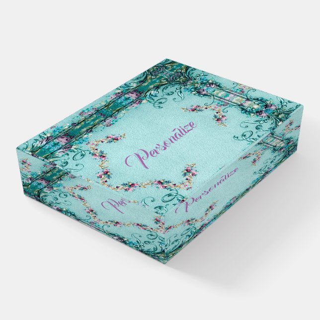 Victorian floral and scroll elegant teal purple  paperweight (Angled)