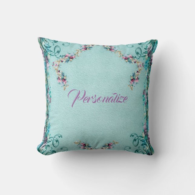 Victorian floral and scroll elegant teal purple  throw pillow (Front)