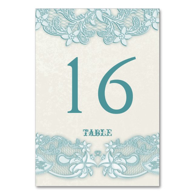 Victorian Floral Aqua Lace Design White Table Card (Front)