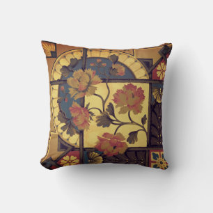 Victorian floral art vintage red blue brown throw pillow