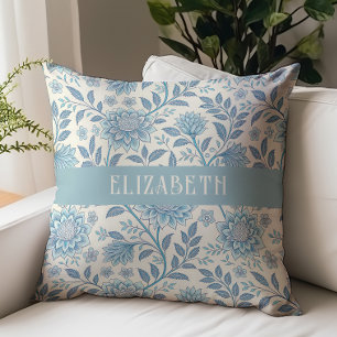 Victorian Floral Chintz Monogram Name Blue Throw Pillow