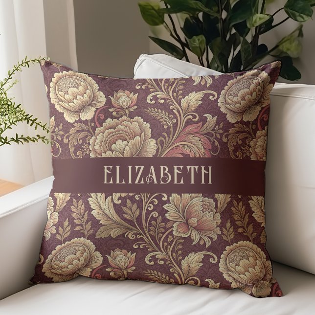 Victorian Floral Chintz Monogram Name Burgundy Throw Pillow (Creator Uploaded)
