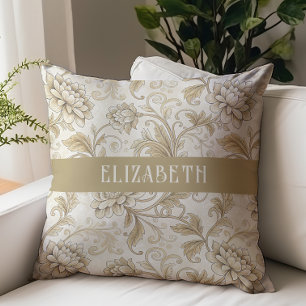 Victorian Floral Chintz Monogram Name Ivory Gold Throw Pillow