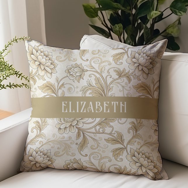 Victorian Floral Chintz Monogram Name Ivory Gold Throw Pillow (Creator Uploaded)