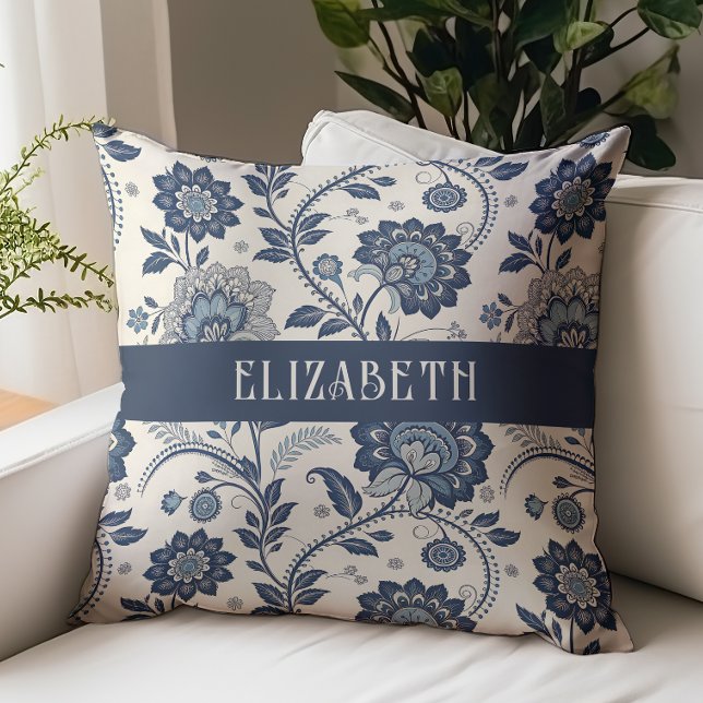 Victorian Floral Chintz Monogram Name Navy Blue Throw Pillow (Creator Uploaded)