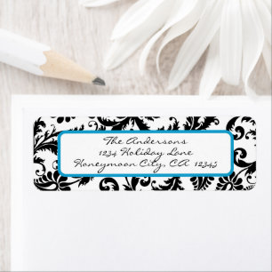 Victorian Floral Damask Swirl Bright Aqua & Black Label