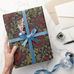 Victorian Floral Dark Damask Pattern Wrapping Paper