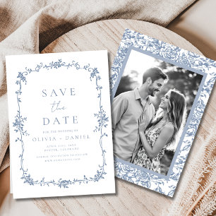 Victorian Floral Dusty Blue French Photo Wedding Save The Date