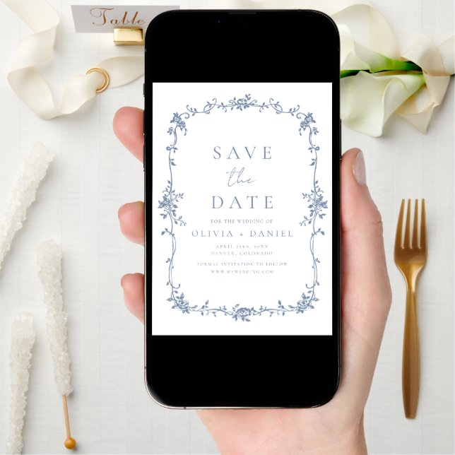 Victorian Floral Dusty Blue French Wedding  Save The Date (Front Digital)