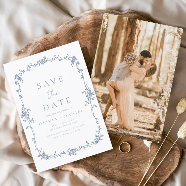 Victorian Floral Dusty Blue Photo French Wedding  Save The Date (Creator Uploaded)