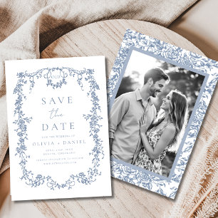 Victorian Floral Dusty Blue Photo French Wedding  Save The Date