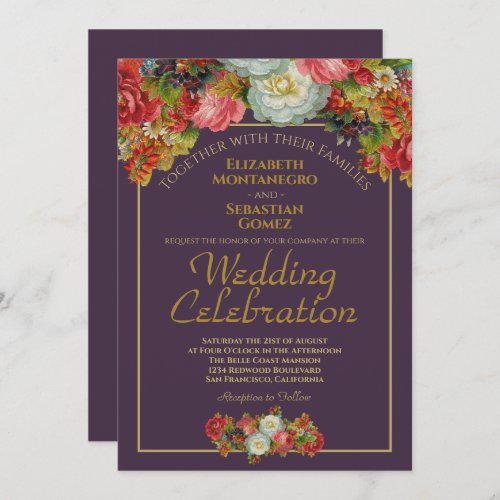 Victorian Floral Elegant Plum  Gold Wedding Invitation