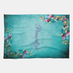 Victorian floral elegant scroll teal purple pink kitchen towel