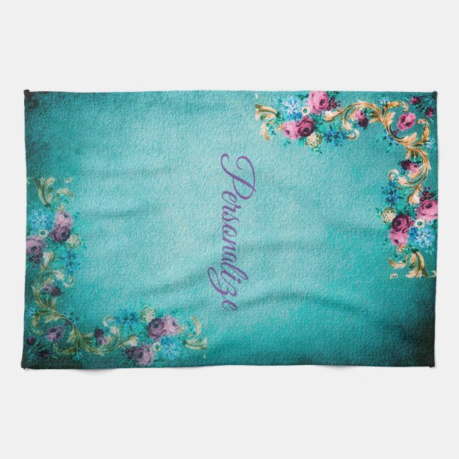 Victorian floral  elegant scroll teal purple pink kitchen towel (Horizontal)