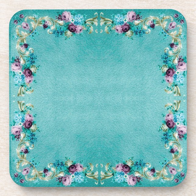 Victorian floral elegant teal purple pink  beverage coaster (Front)