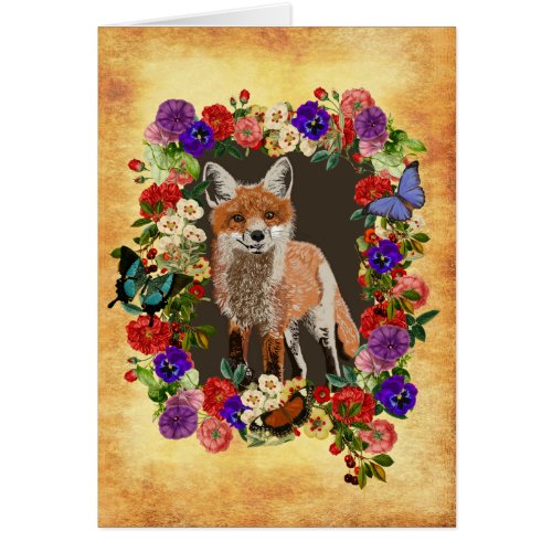 Victorian Floral Fox  Butterfly Greeting Card