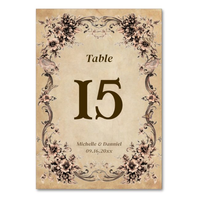 Victorian Floral Frame Wedding Table Number (Front)