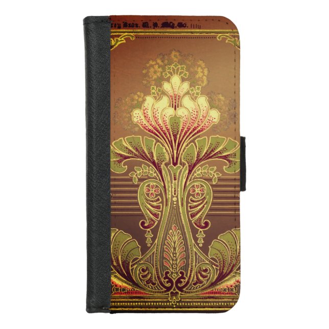 Victorian floral frieze art nouveau brown pink gre iPhone wallet case (Front)